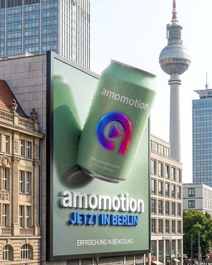 Großes Werbeplakat mit der Getränkedose an einer Hauswand am Berliner Alexanderplatz, daneben der Fernsehturm