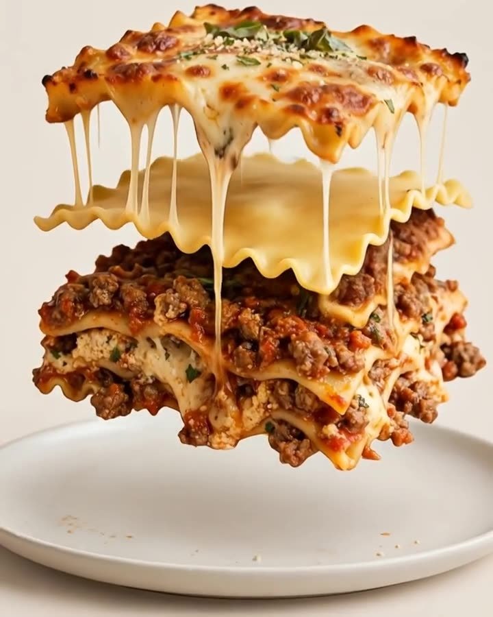 Eine Lasagne schwebt über einem Teller und zerfällt in einzelne Schichten