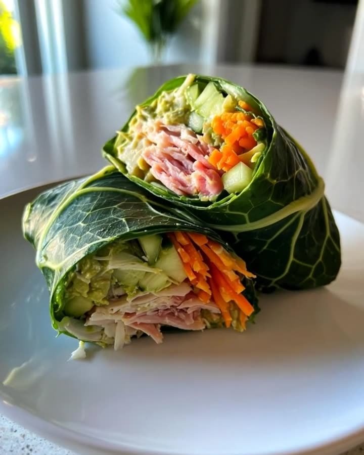 Ein Wrap im Wirsingblatt auf einem weißen Teller, daneben Möhren und Gurke